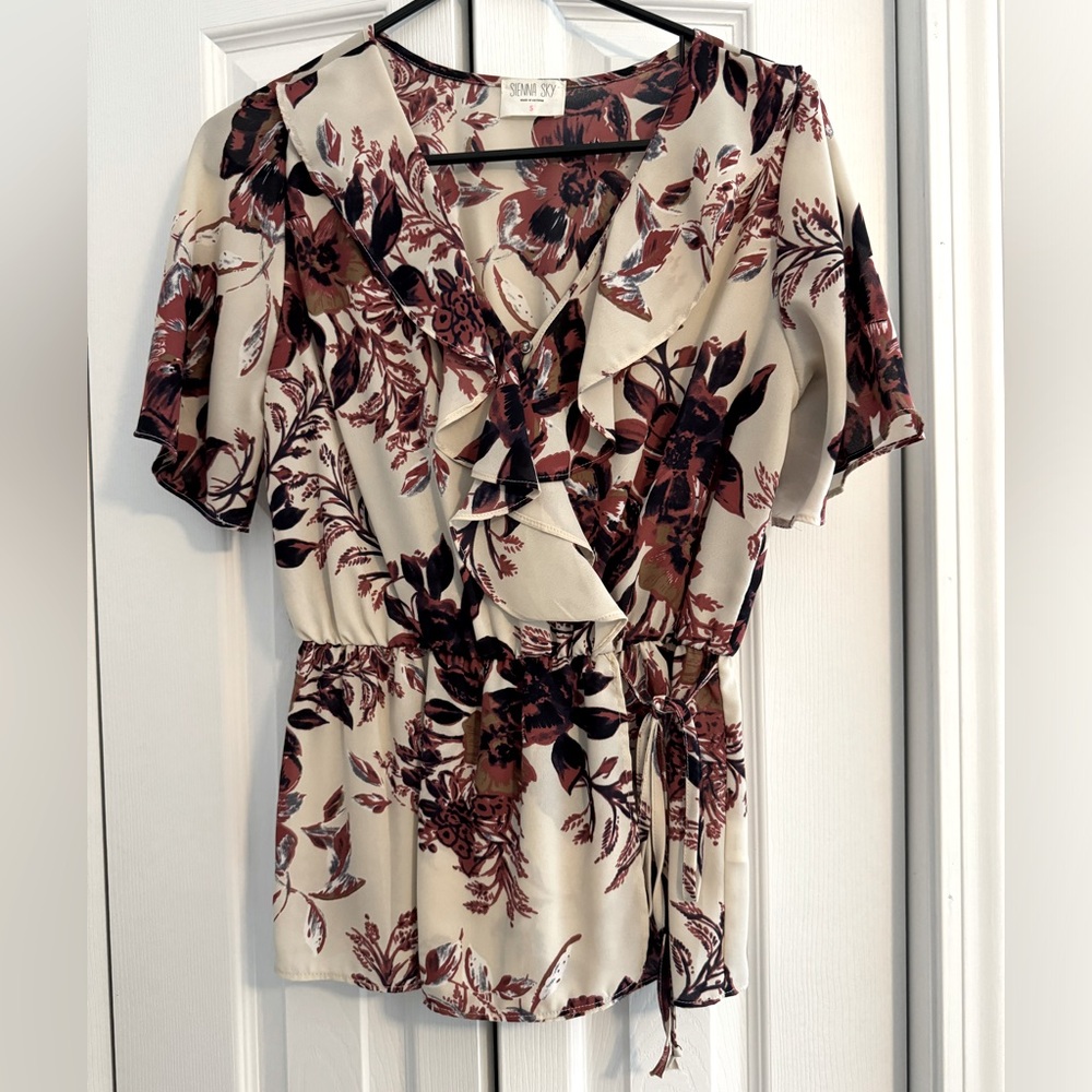 Sienna Sky, floral blouse with wrap tie. Size Small.